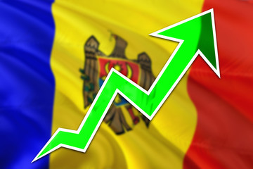 Moldova economy graph is indicating positive growth, green arrow going up with trend line. Business concept on national background.