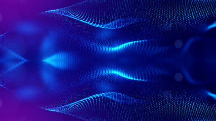 3d rendering background of glowing particles that form curved lines and 3d surfaces, grid with depth of field, bokeh. Microworld or sci-fi theme. Blue strings