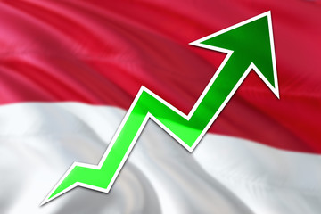 Monaco economy graph is indicating positive growth, green arrow going up with trend line. Business concept on national background.