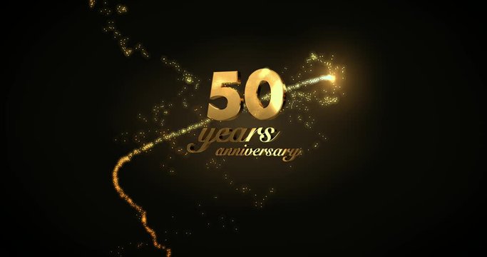 50 years anniversary motion graphic 4K footage with golden sparkling trail, particles and number. Background with alpha channel