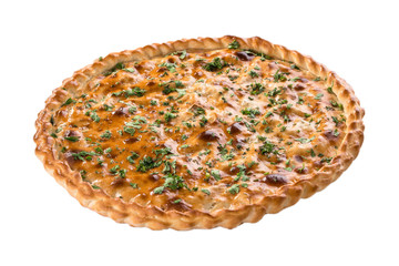 Round potato pie with parsley isolated on white background