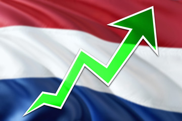 Fototapeta na wymiar Netherlands economy graph is indicating positive growth, green arrow going up with trend line. Business concept on national background.