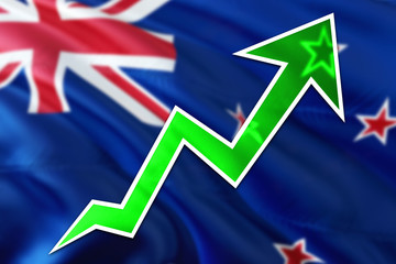 New Zealand economy graph is indicating positive growth, green arrow going up with trend line. Business concept on national background.