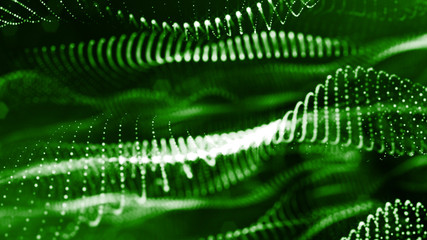 3d rendering of glow particles that fly in air as science fiction of microcosm or macro world or sci-fi. Abstract composition with depth of field and glow in dark with bokeh effects. Green