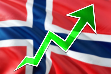 Norway economy graph is indicating positive growth, green arrow going up with trend line. Business concept on national background.
