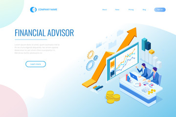 Isometric web business concept of financial administration, accounting, analysis, audit, financial report. Auditing tax process. Documents, graphics, charts, planner, calendar, report.