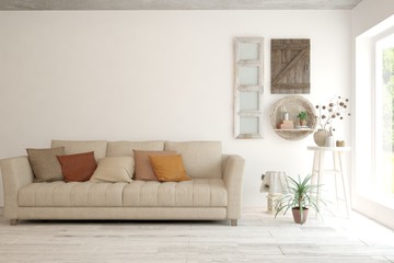 Stylish room in white color with sofa. Scandinavian interior design. 3D illustration