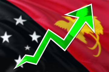 Papua New Guinea economy graph is indicating positive growth, green arrow going up with trend line. Business concept on national background.