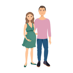 Fototapeta premium Pregnant woman and man isolated on white background. Vector illustration of Young happy couple in cartoon simple flat style. Husband and wife expect a baby.