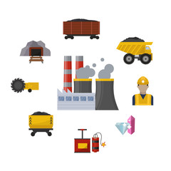 Coal mining industry and transportation vector illustration. Coalmine factory, rocks of coal, coalplough machine and trucks with coalminer worker.
