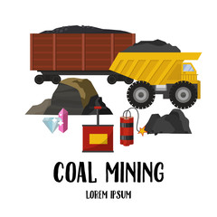 Coal mining industry and transportation vector illustration set. Trucks full of coal, wagons and coalmine with coal rock explosive and diamonds elements isolated on white.