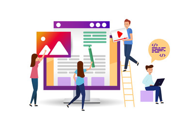 On the desktop, little men draw and create a landing page. Illustration design website.
