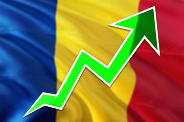 Romania economy graph is indicating positive growth, green arrow going up with trend line. Business concept on national background.