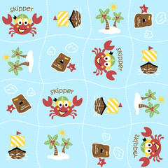 vector cartoon seamless pattern with cute  crab the skipper. Sailor theme set