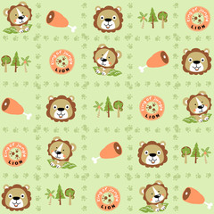 vector cartoon seamless pattern with cute lions, meat, footprint logo
