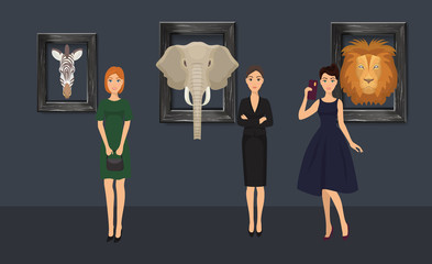 Museum exhibition of stuffed animals, african mammals vector illustration. Girls visitor watching exhibition of stuffed elephant, zebra and lion heads, making selfies.