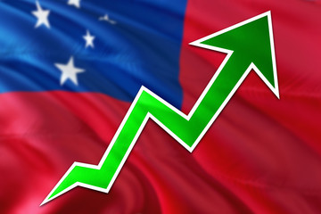 Samoa economy graph is indicating positive growth, green arrow going up with trend line. Business concept on national background.