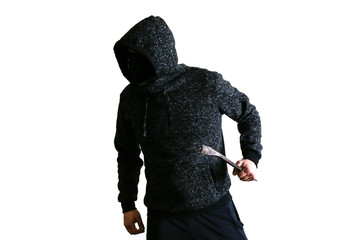 Criminal with crowbar near the doors. Robber in dark hoodie.