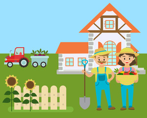 Cartoon farm, farmers with eco production from field, country landscape vector illustration. Farm agriculture and rural farming eco vegetables.