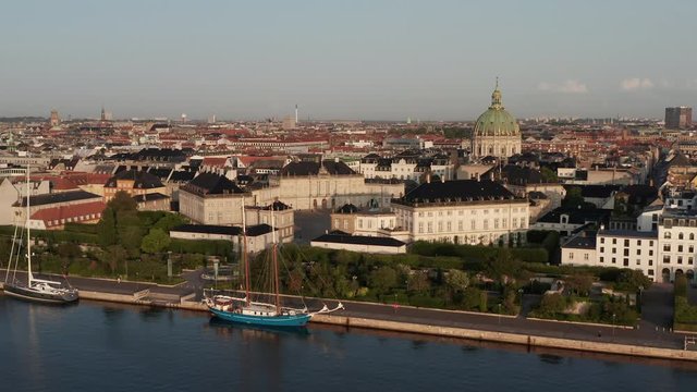 Aerial view of Amalienborg Castle located in Copenhagen, Denmark at sunrise