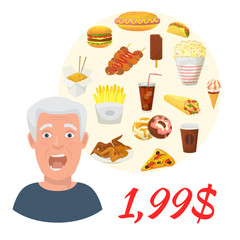 Fast food sale special offer vector illustration. Junk food poster with red sale price. Soda, hot dog, pizza, burger and french fries, donuts with chicken fast food sale discount.