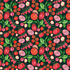 Watercolor red vegetables in a pattern on a black-green background.