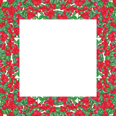 Hand-drawn frame with elements of berries in watercolor, red cranberries. Bright watercolor background for your design, printing or invitation card. Square banner for social networks and web design.