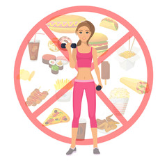 Sport girl and fast food unhealthy lifestyle restriction vector illustration. Healthy girls fit body standing on restriction sign of fast food icons. Sport vs burgers.