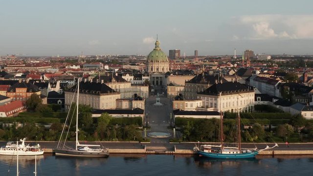 Aerial view of Amalienborg Castle located in Copenhagen, Denmark at sunrise