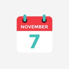 Flat icon calendar 7 November. Date, day and month. Vector illustration.