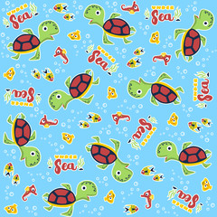 vector cartoon seamless pattern with funny turtle and friends.
