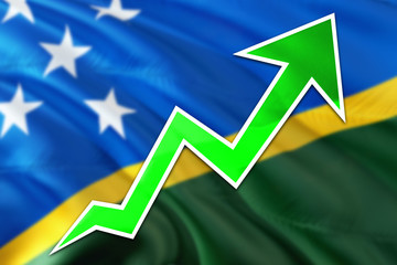 Solomon Islands economy graph is indicating positive growth, green arrow going up with trend line. Business concept on national background.