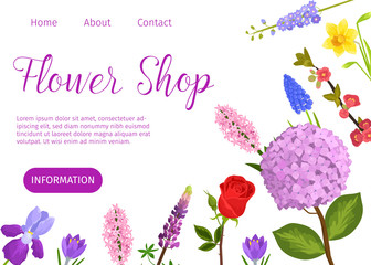 Flower shop vector cartoon web template. Florist shop website with garden flowers illustration on white background and violet lettering.