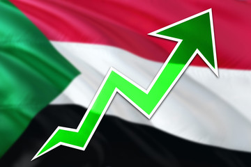 Sudan economy graph is indicating positive growth, green arrow going up with trend line. Business concept on national background.