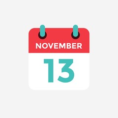 Flat icon calendar 13 November. Date, day and month. Vector illustration.