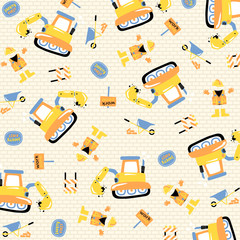 Vector cartoon pattern. Heavy tool with construction vehicles, construction signs, worker equipments.