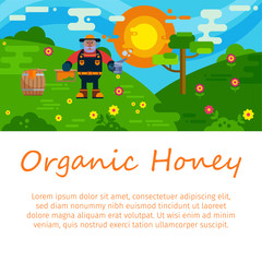 Organic honey products vector flat illustrations for web or banner. Honeykeeper cartoon character with honeycomb in nature. Organic and natural honey.