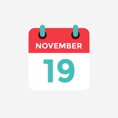 Flat icon calendar 19 November. Date, day and month. Vector illustration.