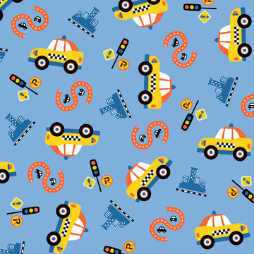 Vector cartoon pattern. yellow taxi with road, buildings, traffic sign on blue background.