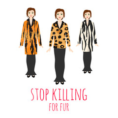 Stop killing animals for fur vector illustration. Woman wear fur coat made from wild animals. Nature animal protection and protest wearing fur. Saving life concept.