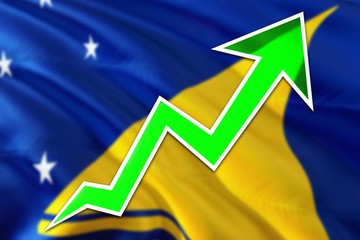 Tokelau economy graph is indicating positive growth, green arrow going up with trend line. Business concept on national background.