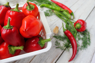 pickles background on white wooden table with green and red and chilli peppers,fennel,salt,black peppercorns,garlic,pea,close up,healthy concept,top view,flat lay