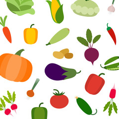 Vegetarian vector pattern with carrot, tomato, radish and eggplant, corn, squash and pumpkin. Colorful veggies modern background. Vegetables isolated on white background.