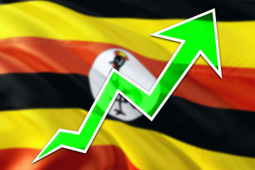 Uganda economy graph is indicating positive growth, green arrow going up with trend line. Business concept on national background.