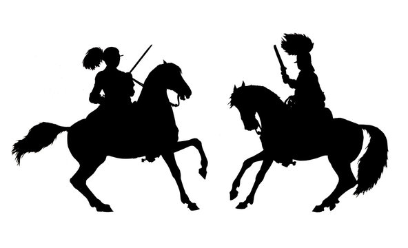 Mounted knights illustration. Mounted cuirassier from thirty years war. Historical silhouette drawing.