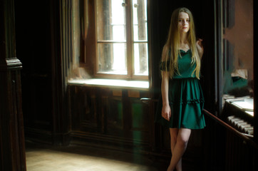 Naklejka premium beautiful young blonde with long flowing hair and blue eyes in an old castle