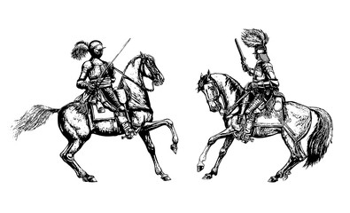 Mounted knights illustration. Mounted cuirassier from thirty years war. Historical drawing.