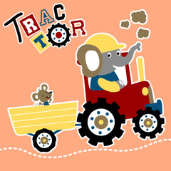 elephant and little mouse on tractor, vector cartoon illustration