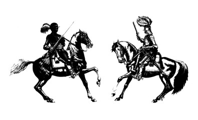 Mounted knights illustration. Mounted cuirassier from thirty years war. Historical drawing.