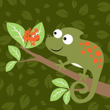 chameleon and frog in the tree on leaves background pattern, vector cartoon illustration